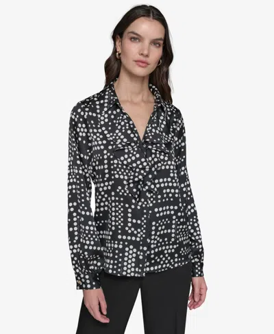 Karl Lagerfeld Women's Ruffled Dot-print Blouse In Black,soft White Multi