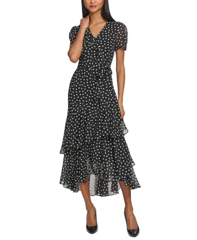 Karl Lagerfeld Women's Ruffled Polka Dot Maxi Dress In Black  White