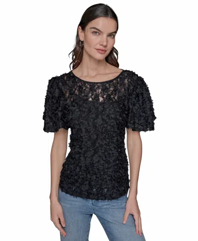 Karl Lagerfeld Women's Ruffled-sleeve Lace Top In Black