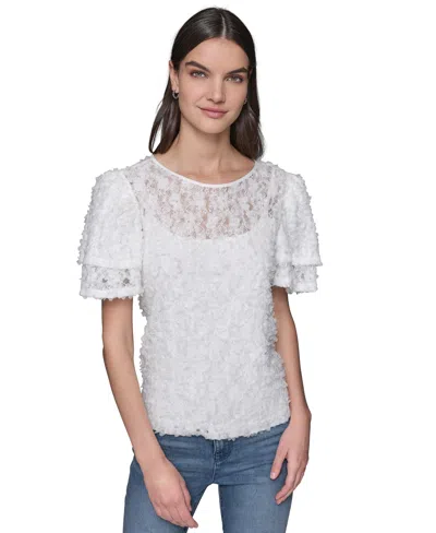 Karl Lagerfeld Women's Ruffled-sleeve Lace Top In White
