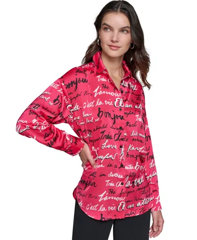 Karl Lagerfeld Women's Satin Printed Oversized Button-front Top In Teaberry Script
