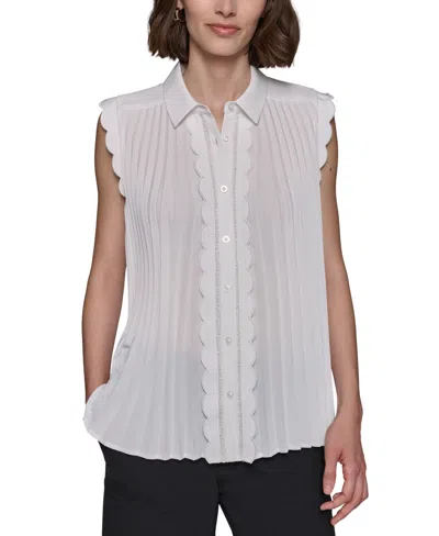 Karl Lagerfeld Women's Scalloped Pleated Button-down Top In Gold Fusion
