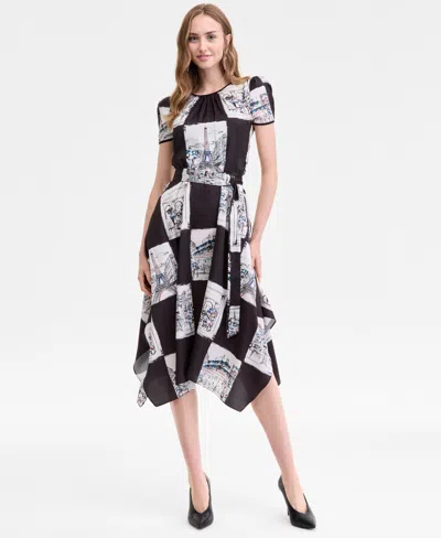 Karl Lagerfeld Women's Scarf-print Handkerchief-hem Midi Dress In Black