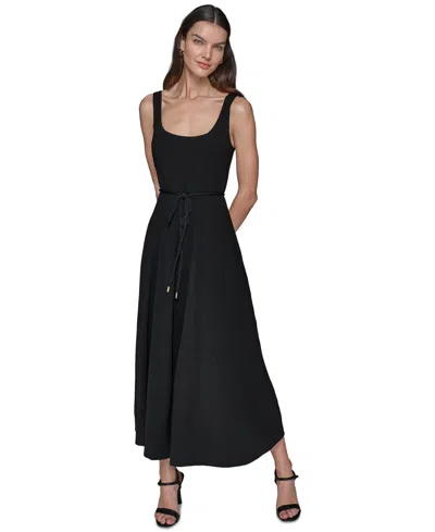 Karl Lagerfeld Women's Scoop-neck Belted Sleeveless Midi Dress In Black
