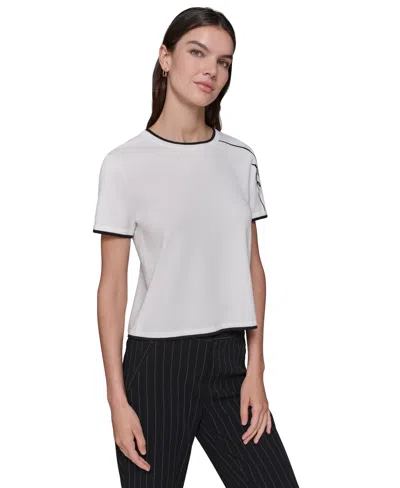 Karl Lagerfeld Women's Script-logo Short-sleeve Sweater In Soft White
