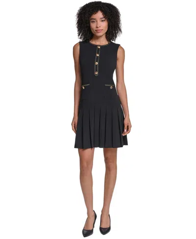 Karl Lagerfeld Paris Metalllic Detail Scuba Crepe A-line Minidress In Black