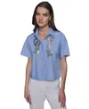 KARL LAGERFELD WOMEN'S SEQUIN-BOW POPLIN BUTTON-FRONT TOP
