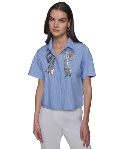 Karl Lagerfeld Women's Sequin-bow Poplin Button-front Top In Chambray