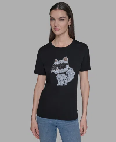 Karl Lagerfeld Women's Sequin Choupette Crewneck T-shirt In Blue