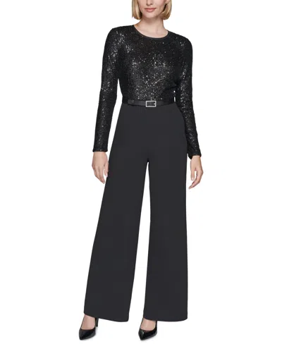Karl Lagerfeld Women's Sequin-top Wide-leg Jumpsuit In Black