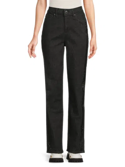 Karl Lagerfeld Women's Sequin-trim Straight-leg Jeans In Black