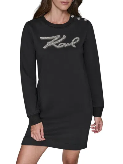 Karl Lagerfeld Women's Sequinned Logo Cotton-blend A-line Sweatshirt Minidress In Black