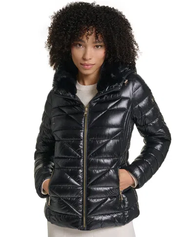 Karl Lagerfeld Women's Short Hooded Faux Fur Collar Puffer Jacket In Black