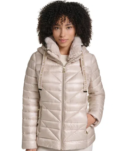 Karl Lagerfeld Women's Short Hooded Faux Fur Collar Puffer Jacket In Gray