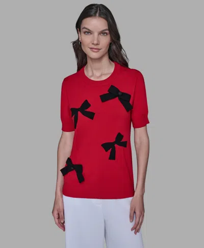 KARL LAGERFELD WOMEN'S SHORT SLEEVE BOW APPLIQUE DETAIL SWEATER