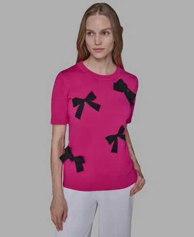 Karl Lagerfeld Women's Short Sleeve Bow Applique Detail Sweater In Pink