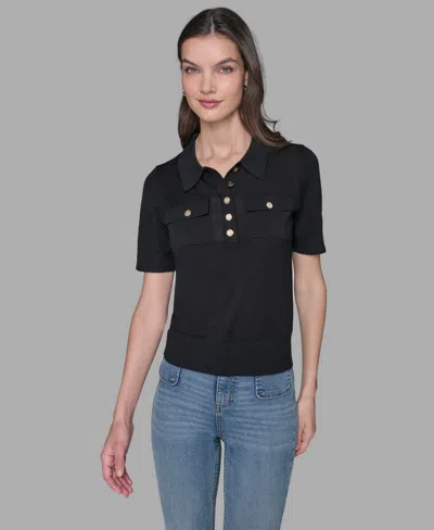 Karl Lagerfeld Women's Short-sleeve Button-front Sweater In Black