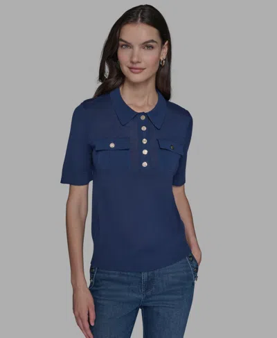 Karl Lagerfeld Women's Short-sleeve Button-front Sweater In Blue