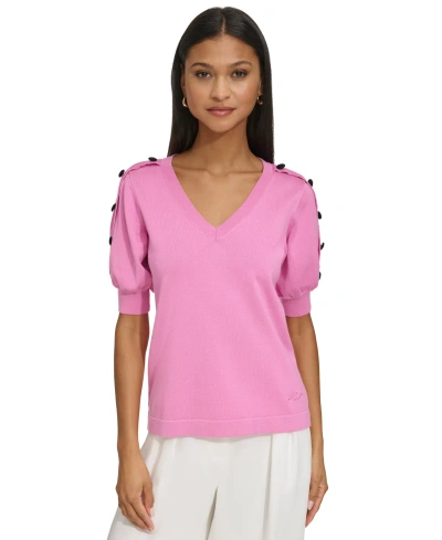 Karl Lagerfeld Women's Short-sleeve Button-trim V-neck Sweater In Cyclamen Pink