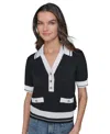 Karl Lagerfeld Petite Short-sleeve Tipped Polo Sweater In Black