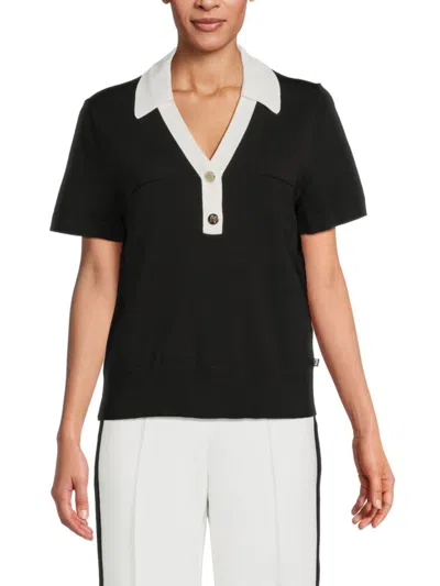 Karl Lagerfeld Women's Short-sleeve Contrast Collar Sweater In Black Soft White