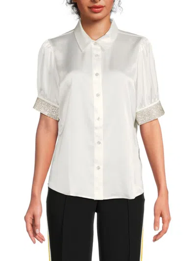 Karl Lagerfeld Women's Short-sleeve Embellished Cuff Blouse In Soft White