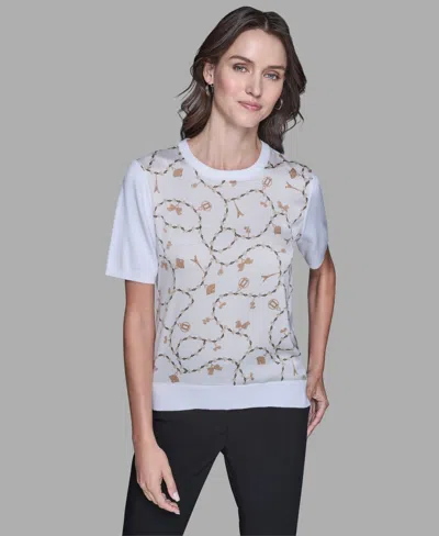 Karl Lagerfeld Women's Short-sleeve Printed Sweater In White