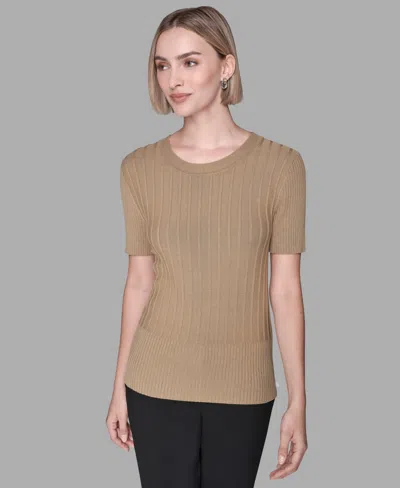 Karl Lagerfeld Women's Short-sleeve Ribbed Sweater In Brown