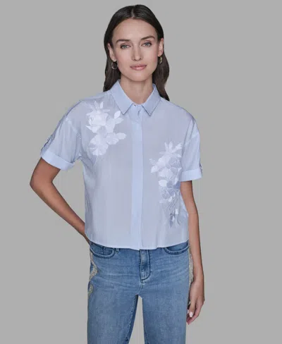 Karl Lagerfeld Women's Short-sleeve Striped Floral Poplin Blouse In Blue