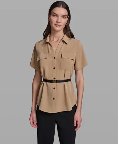 Karl Lagerfeld Women's Short-sleeve Belted Woven Top In Brown