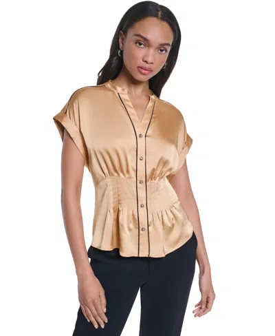 Karl Lagerfeld Women's Short-sleeve Button-front Blouse In Camel