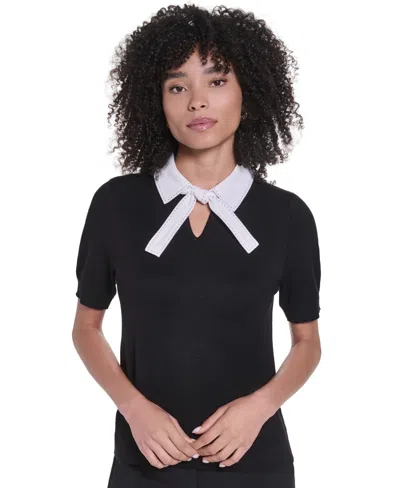Karl Lagerfeld Women's Short-sleeve Collared Keyhole Sweater In Black