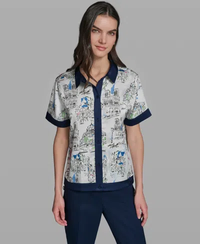 Karl Lagerfeld Women's Short-sleeve Collared Printed Camp Shirt In Multi