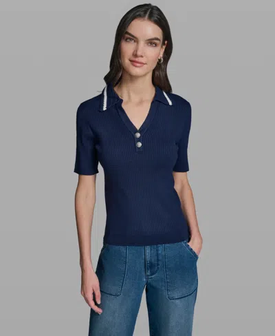 Karl Lagerfeld Women's Short-sleeve Collared Sweater In Blue