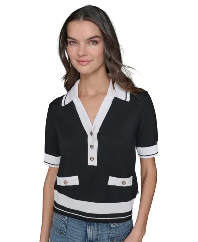 Karl Lagerfeld Women's Short-sleeve Collared Sweater In Black