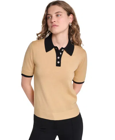Karl Lagerfeld Women's Short-sleeve Contrast Collar Sweater In Camel,black