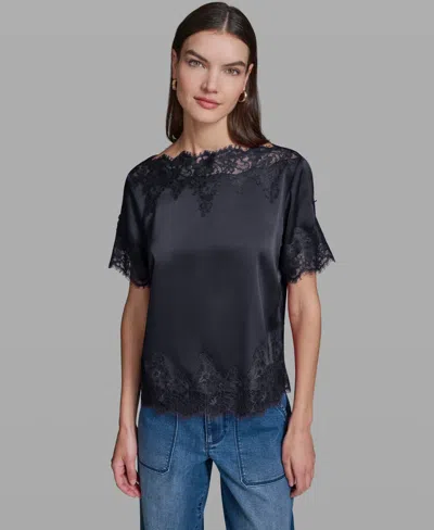 Karl Lagerfeld Women's Short-sleeve Lace Trim Blouse In Black
