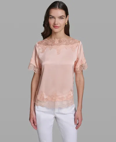 Karl Lagerfeld Women's Short-sleeve Lace Trim Blouse In Pink