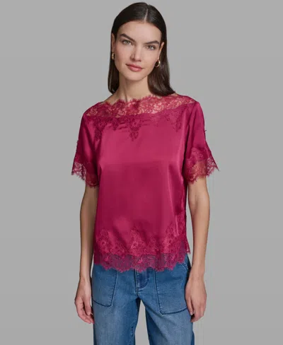Karl Lagerfeld Women's Short-sleeve Lace Trim Blouse In Pink