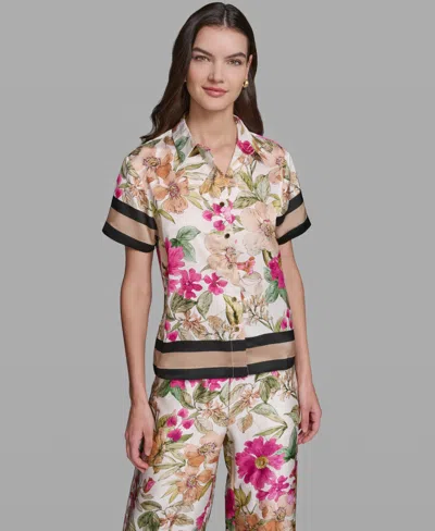 Karl Lagerfeld Women's Short-sleeve Printed Camp Shirt In Gold