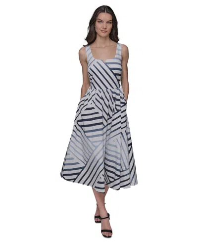 Karl Lagerfeld Women's Side-lace-up Midi Dress In Soft White,chambray Blue Multi