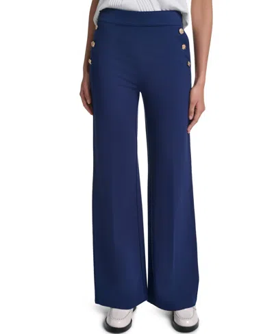 Karl Lagerfeld Women's Side-button Wide-leg Ponte Pants In Blue