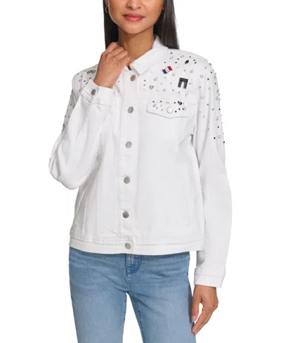 Karl Lagerfeld Women's Signature-pin Embellished Denim Jacket In White Denim