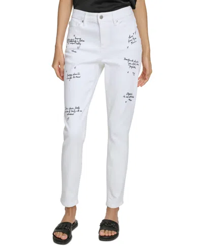 Karl Lagerfeld Women's Signature Script-print Skinny Jeans In White Denim