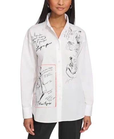 Karl Lagerfeld Women's Sketch Graphic High Low Shirt In White