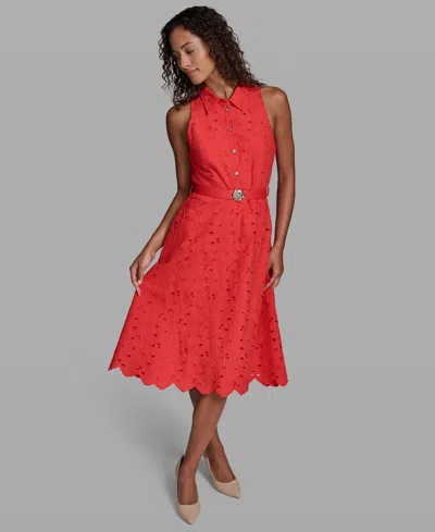 Karl Lagerfeld Sleeveless Eyelet Button Down Dress In Red