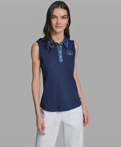 Karl Lagerfeld Women's Sleeveless Collared Polo Tank Top In Blue