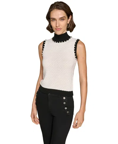 Karl Lagerfeld Women's Sleeveless Mock Neck Pearl Sweater In Soft White Black