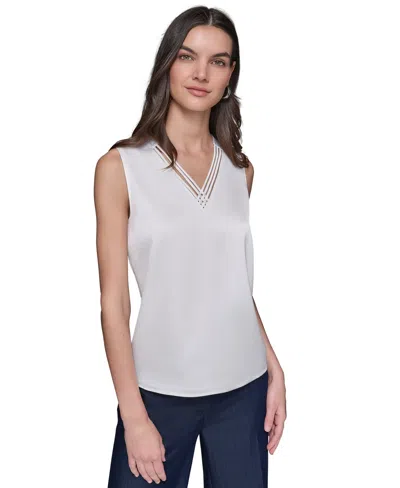 Karl Lagerfeld Women's Sleeveless V-neck Blouse Top In White