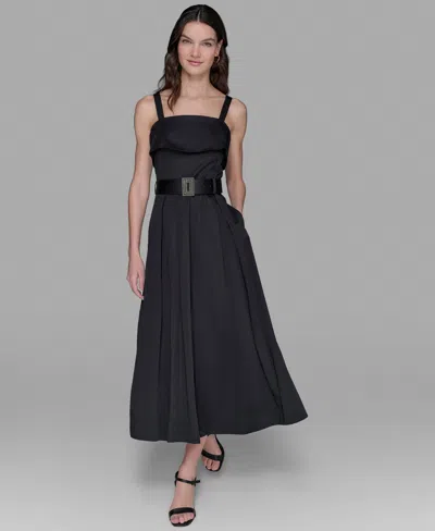 Karl Lagerfeld Women's Square-neck Belted Fit & Flare Dress